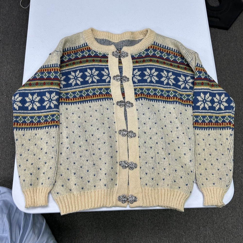 Unbranded Nordic Cardigan Women Large Cream Blue Fair Isle Metal Clasps Vintage